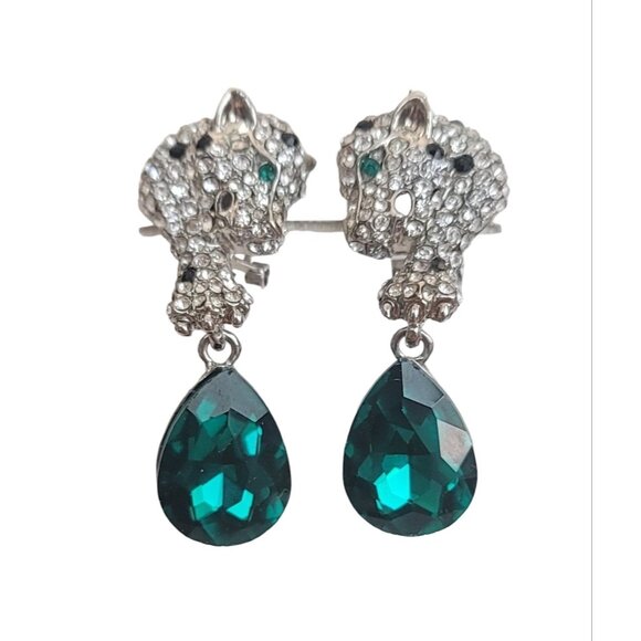 Panther Rhinestone Blue Lucite Dangle  Pierced Lever Back Earrings, K256 - Picture 3 of 9